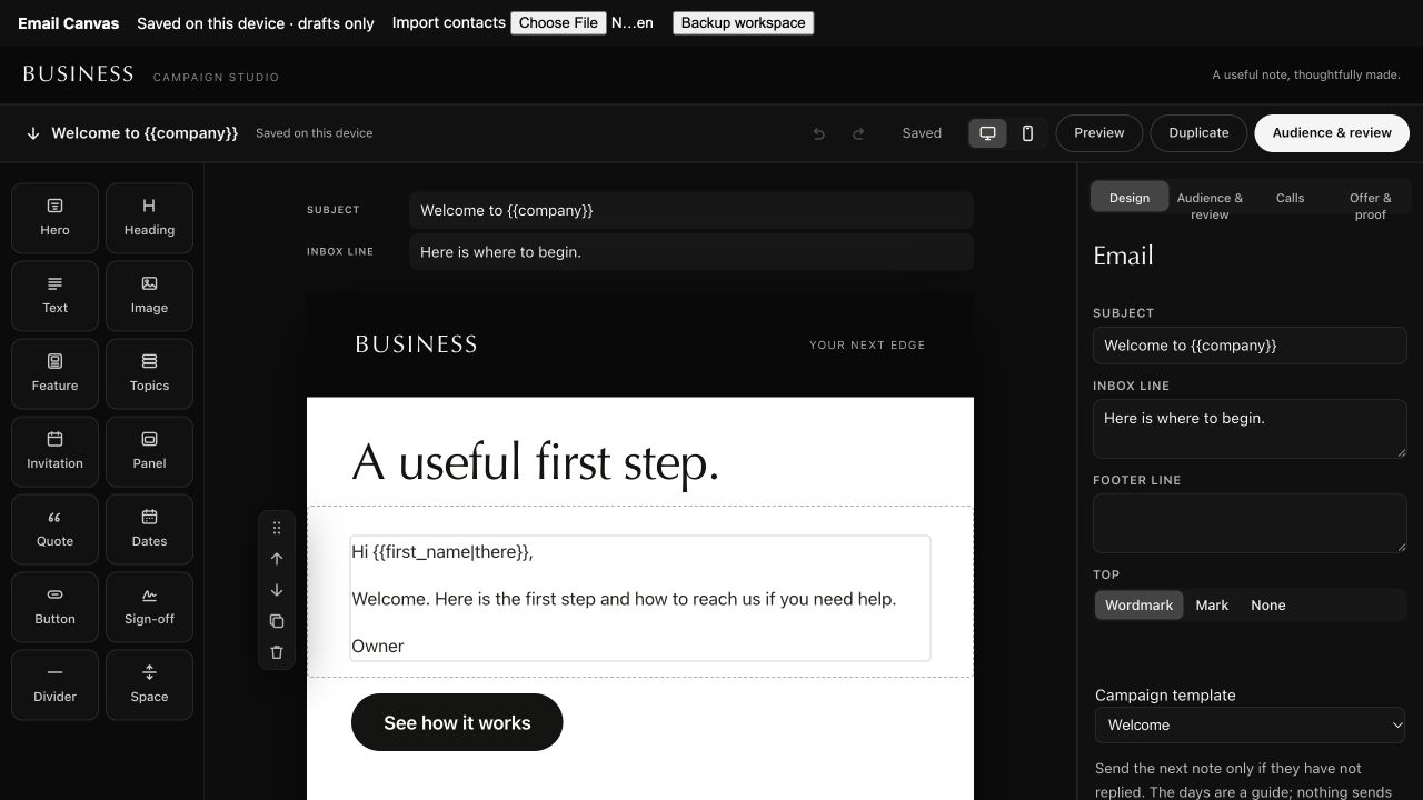 Email Canvas + AI Draft Bridge: The original 14-block editor, welcome draft, inline editing and design settings.