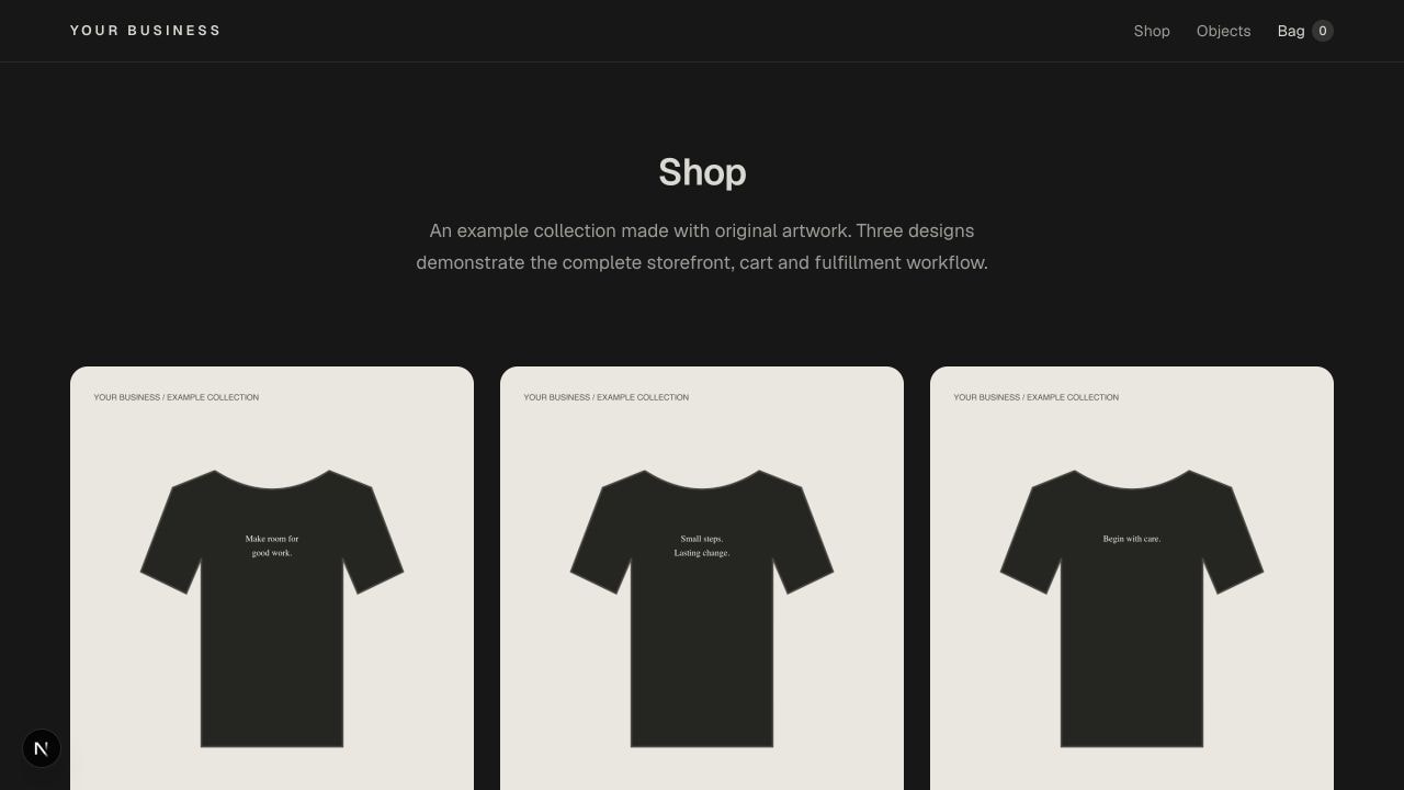 Print-on-Demand Fulfillment Kit: The shop collection and navigation with the included example product illustrations.