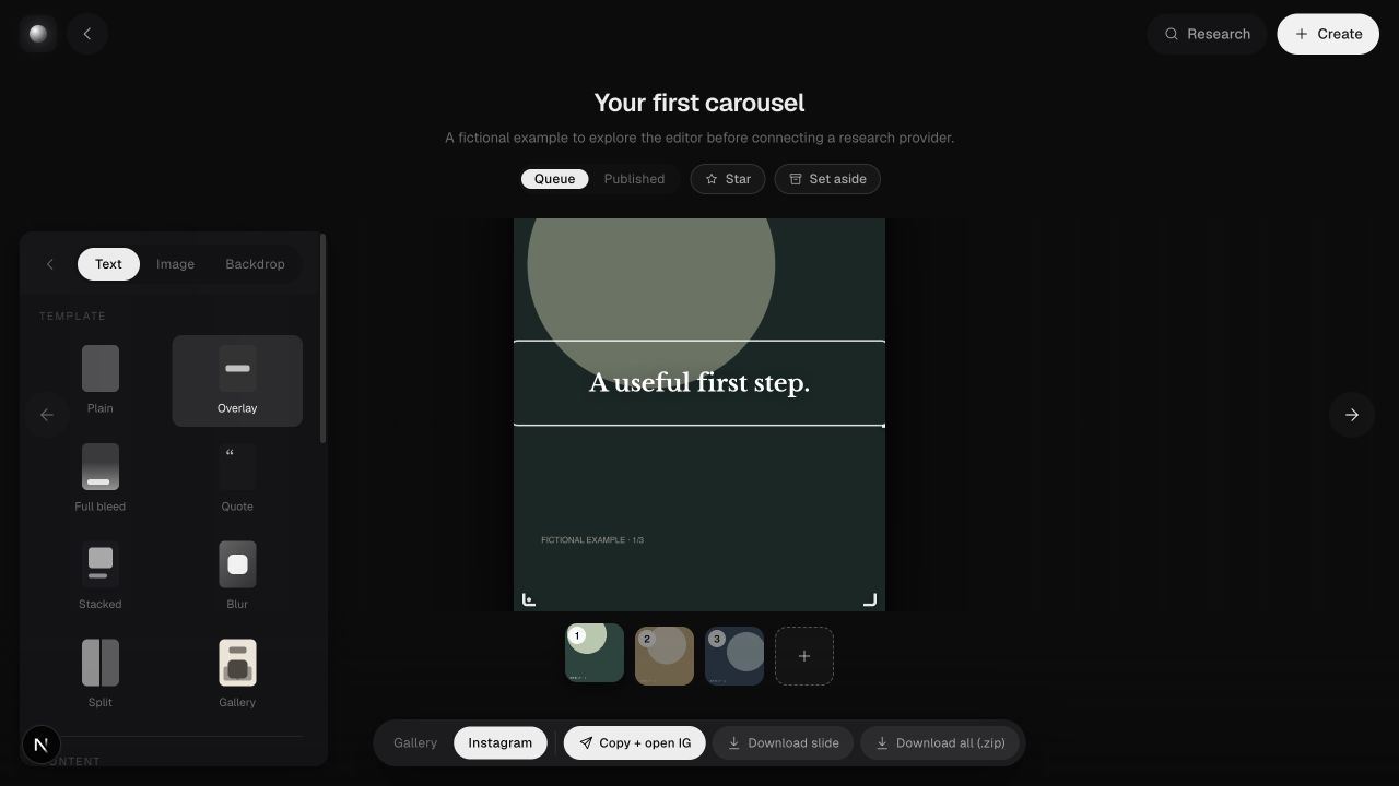 Research to Carousel: The Instagram layout editor with templates, text controls and three selected example slides.