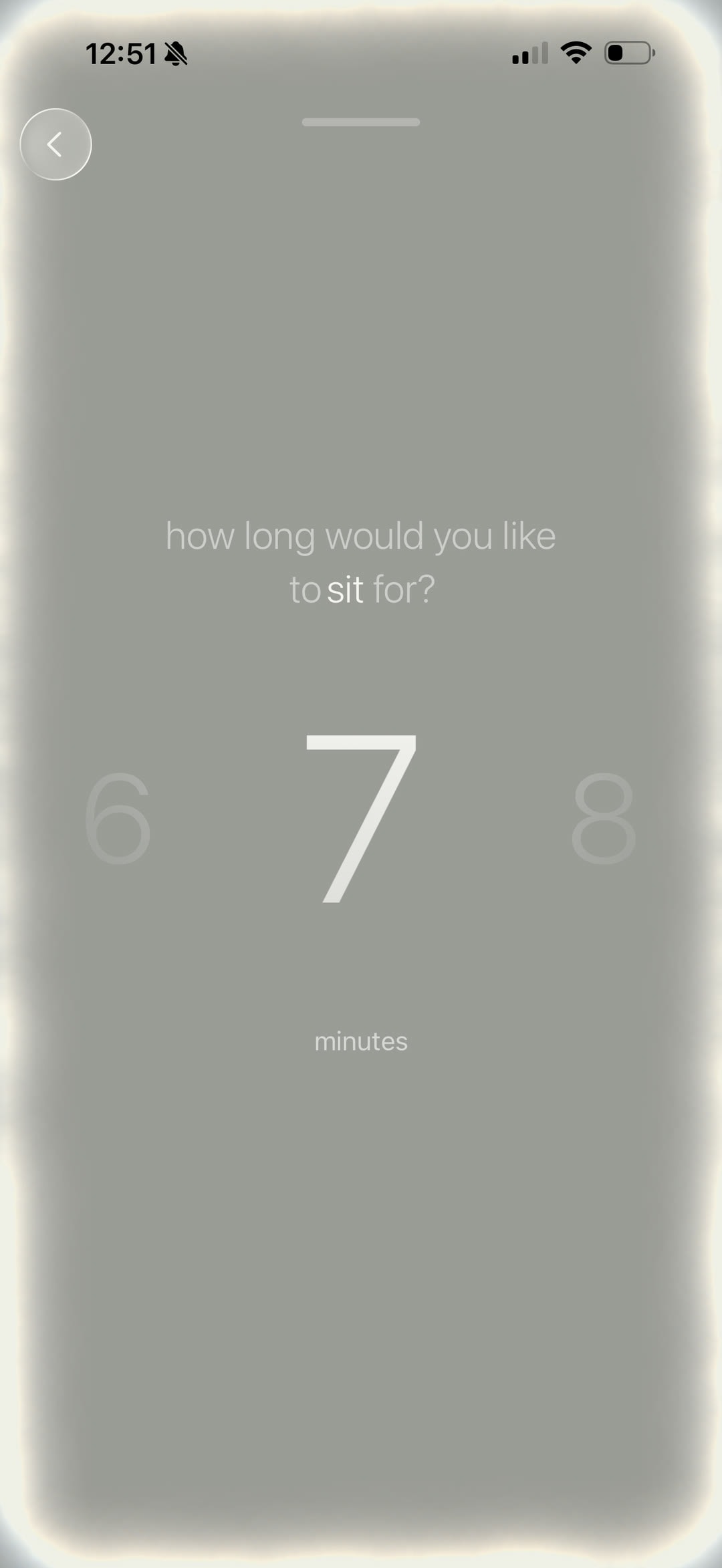 The Sacred Act duration picker asks how long to sit, with seven minutes selected.