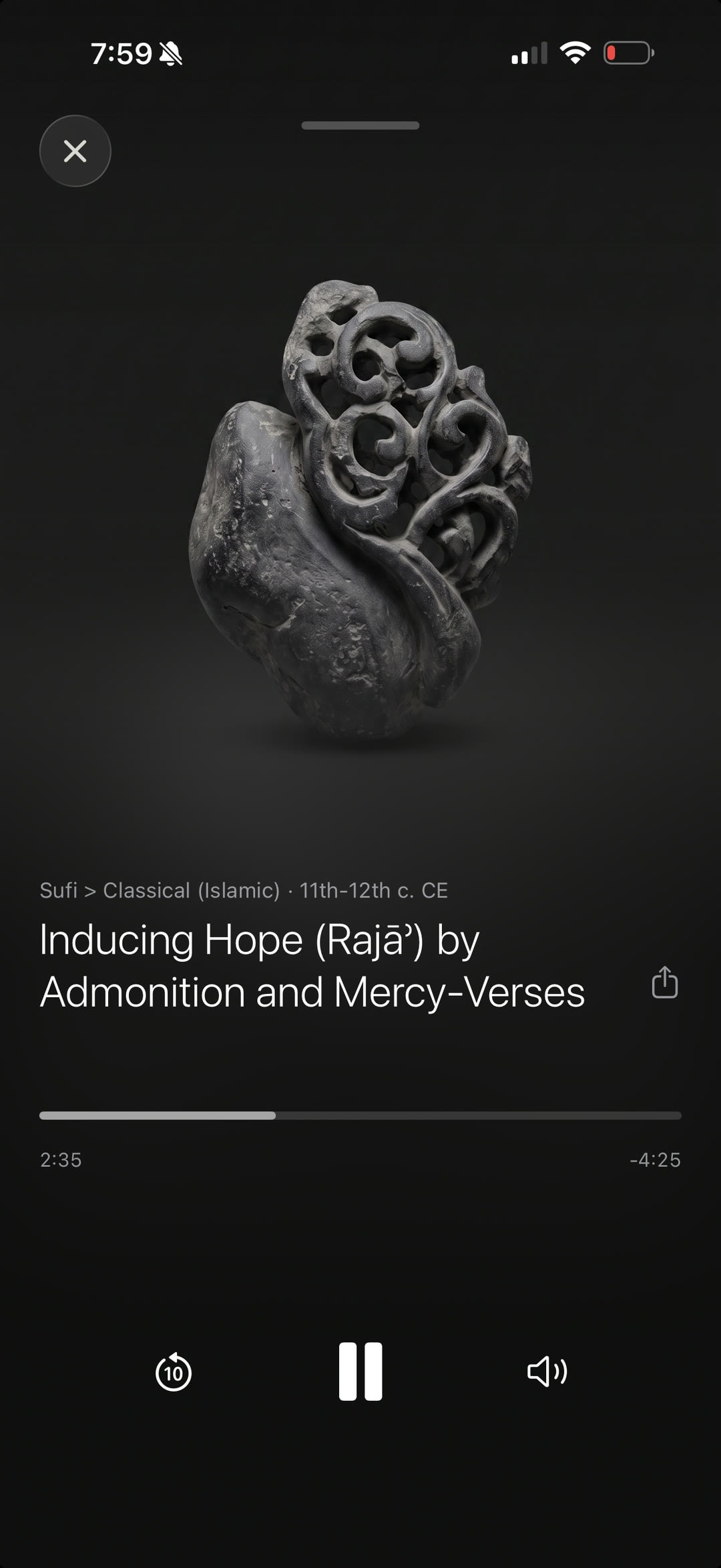 The Sacred Act meditation player with stone artwork, a progress bar, pause, rewind, and volume controls.
