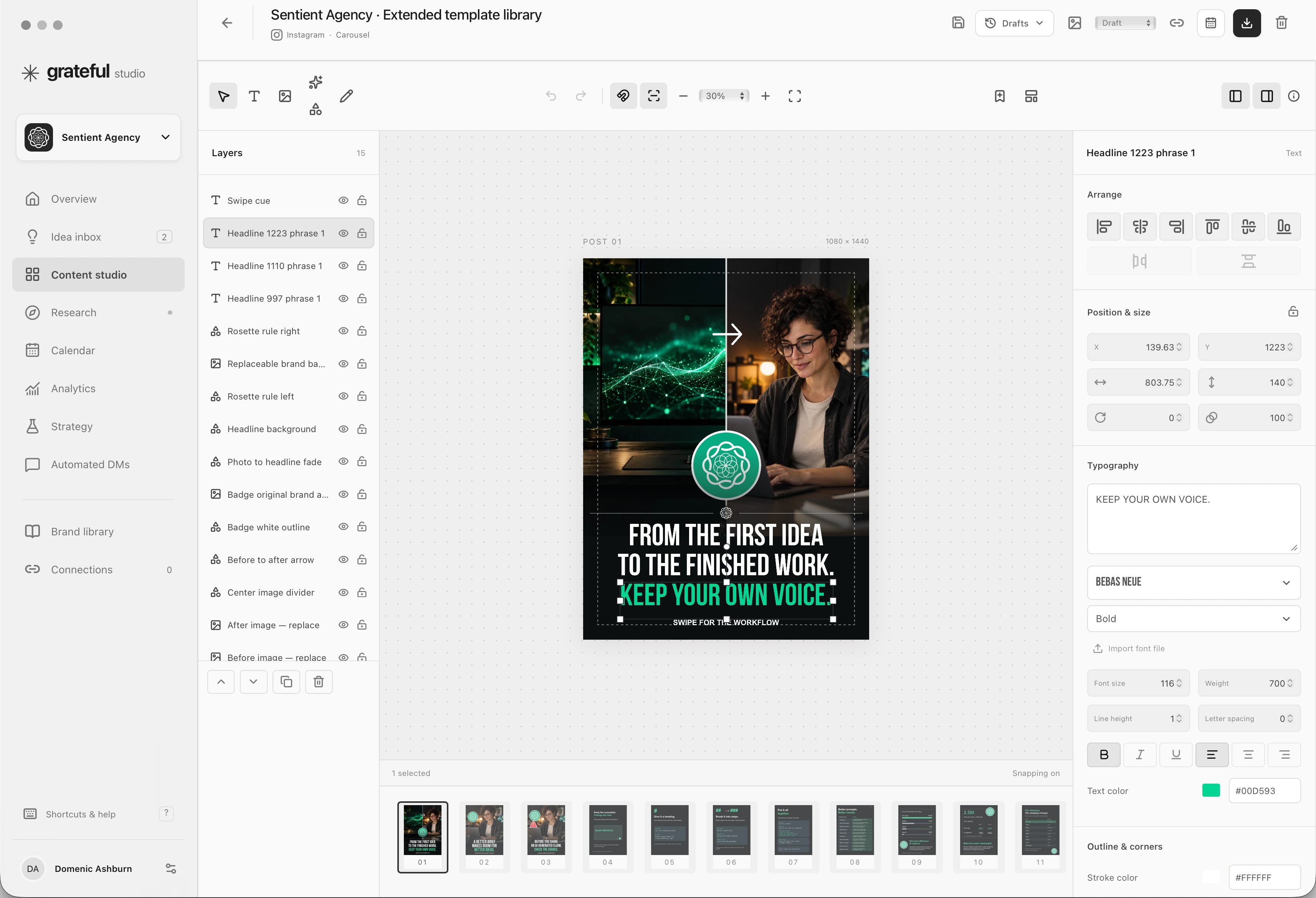 Sentient Agency’s updated carousel editor with brand templates and editable design layers