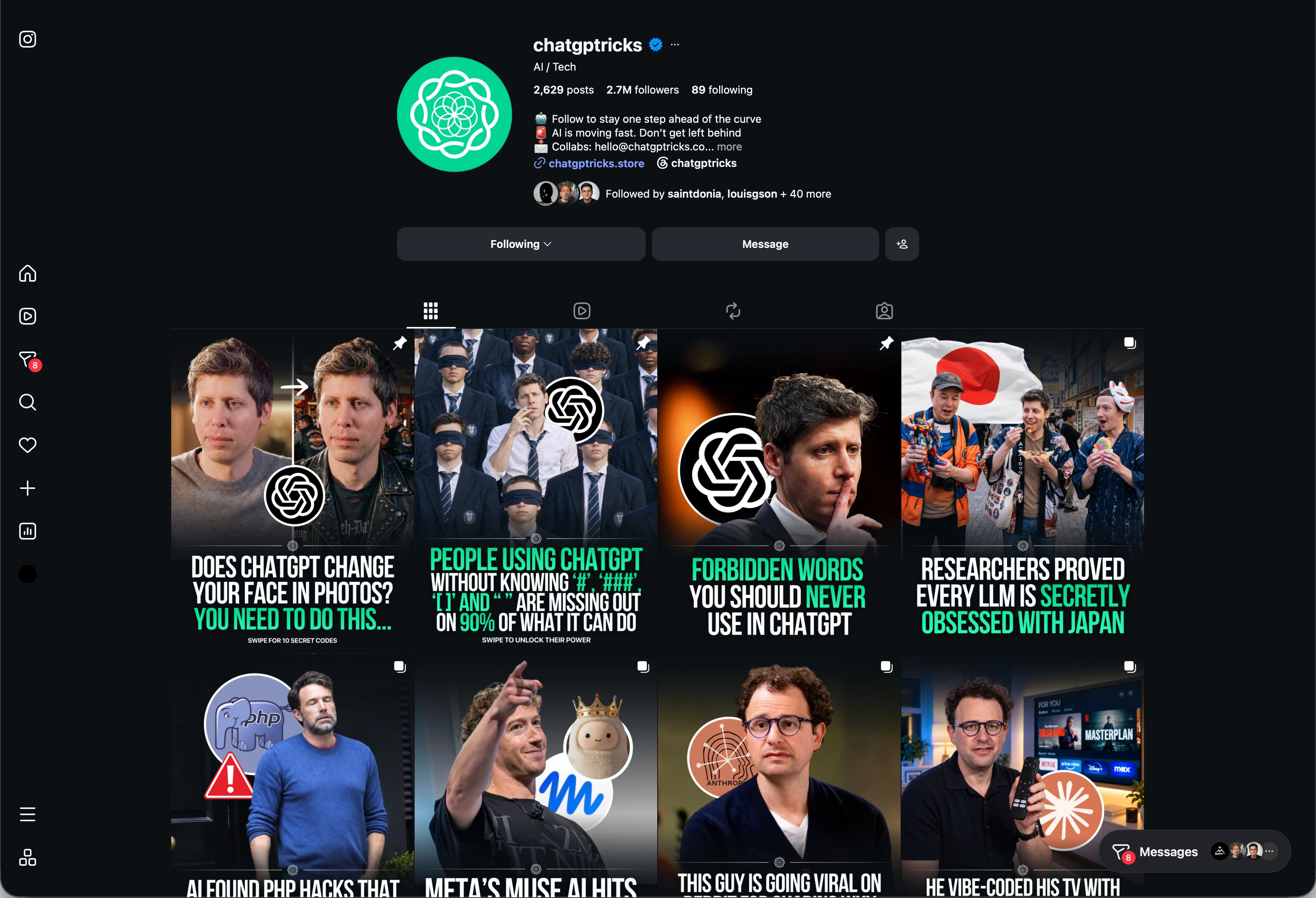 The actual @chatgptricks Instagram profile and carousel feed, showing its green accents, headline typography, and image treatments