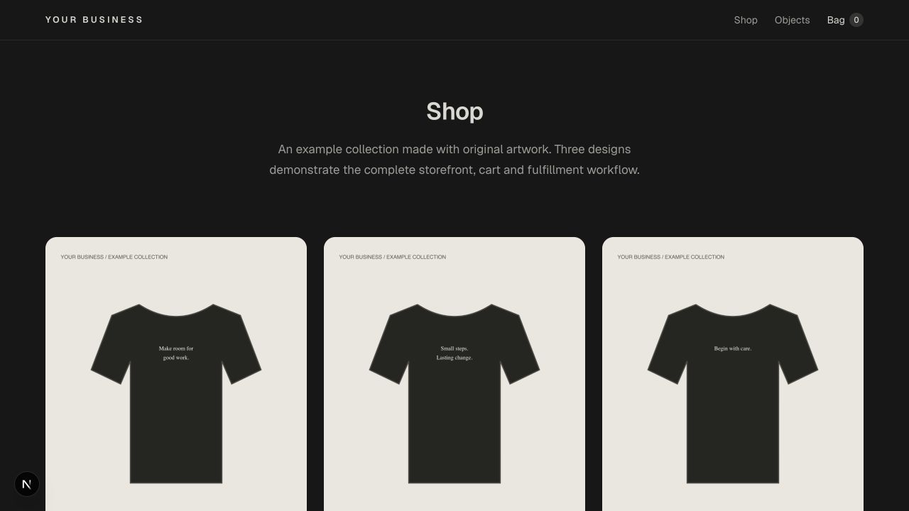Three fictional apparel design illustrations displayed together in the included storefront.