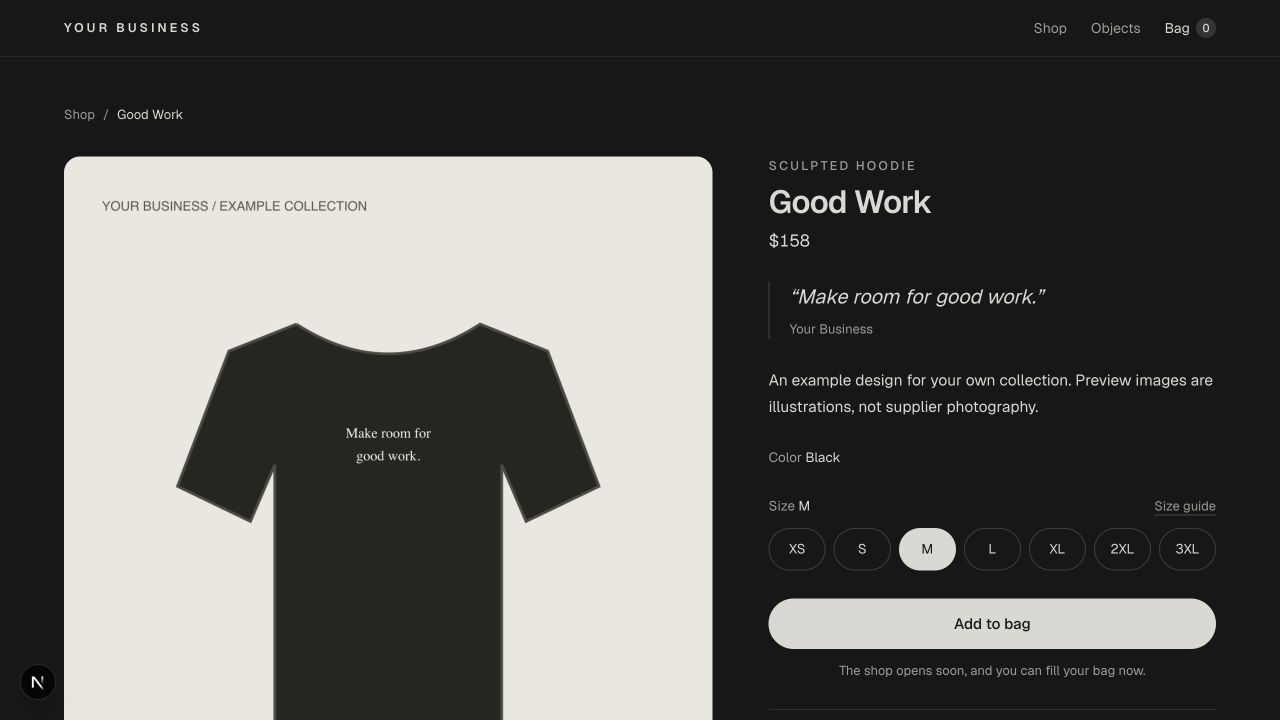 Product options with Black color, M size selected, size choices, and Add to bag button.