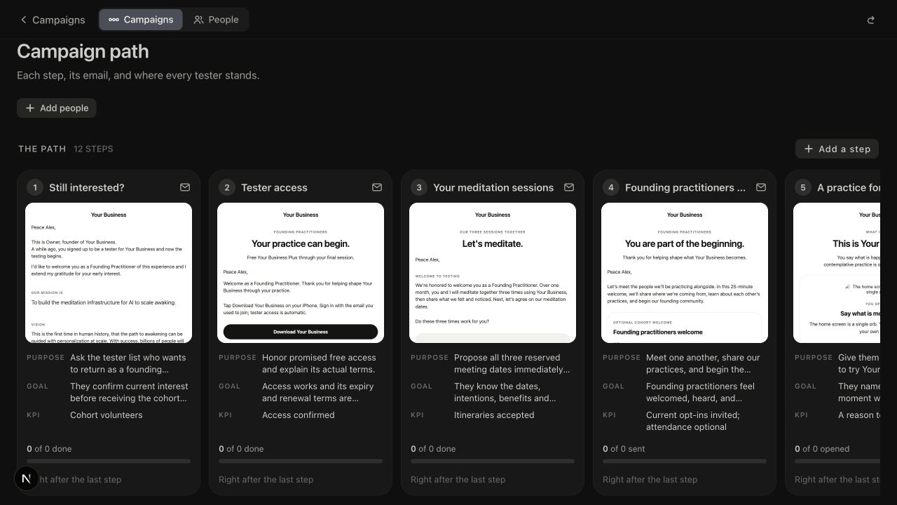 Tester access campaign step with its email, purpose, goal, and access-confirmed progress measure.